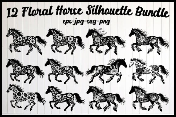 12 Floral Horse Silhouette Bundle