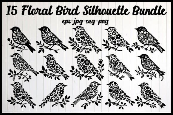 15 Floral Bird Silhouette Bundle