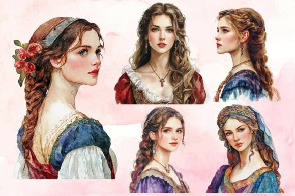 Elevating Modern Design with the Timeless Elegance of Watercolor Renaissance Lady Clipart