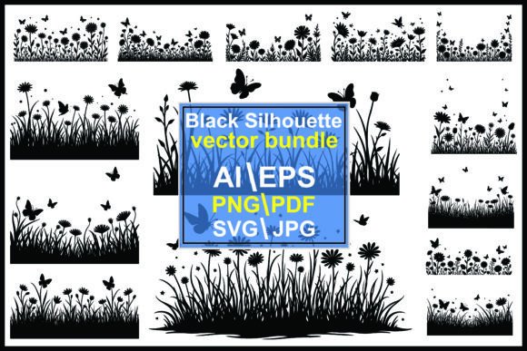 Nature Clipart: Grass, Flower & Butterfly Silhouettes