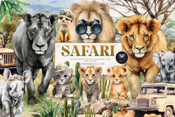 Safari Watercolor Clipart Animals for Design