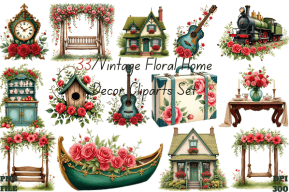 Vintage Floral Home Decor Cliparts Set Guide